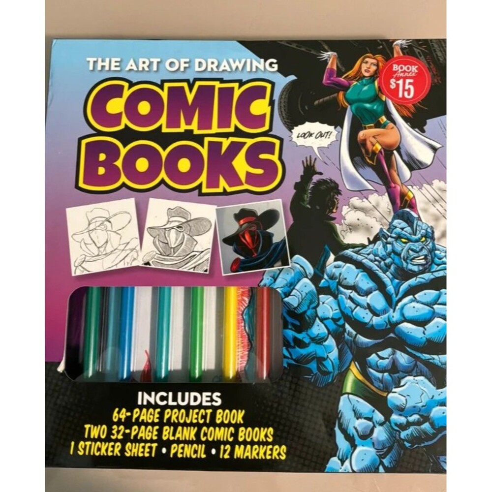 The Art of Drawing Comic Books - project book, blank comic book, 12 markers